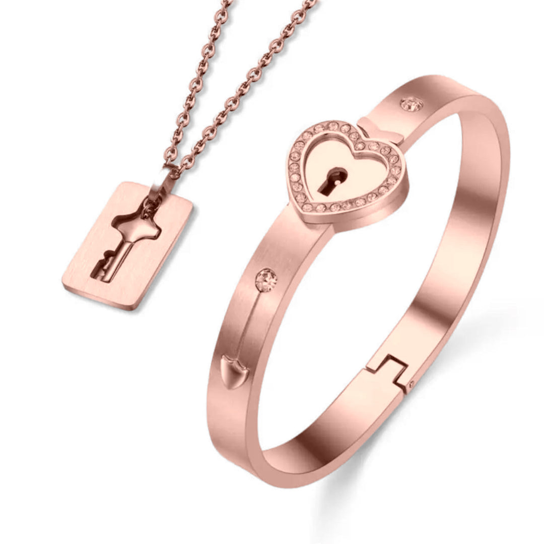 ETERNAL LOCK & KEY BRACELET-W/NECKLACE & REAL ROSE