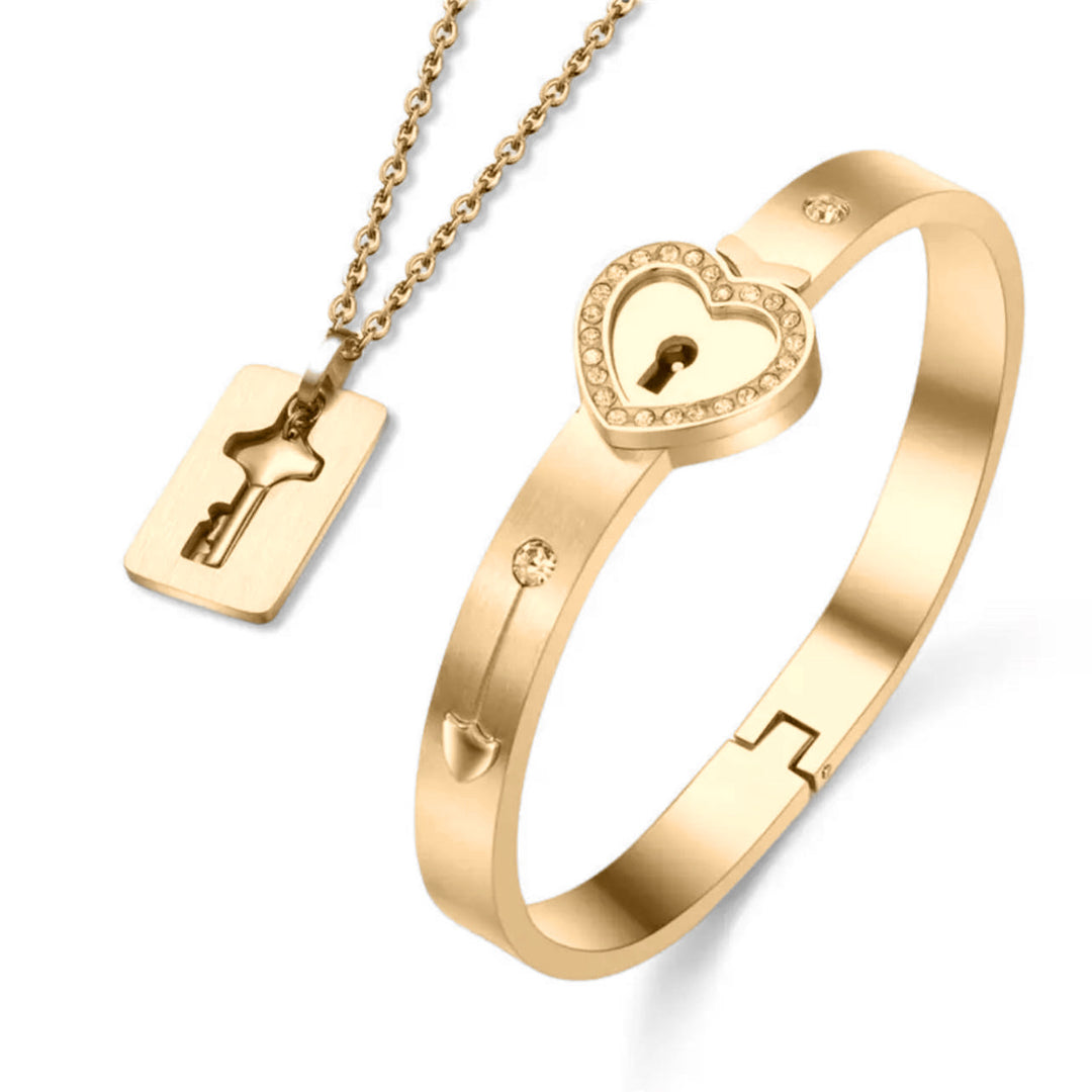 ETERNAL LOCK & KEY BRACELET-W/NECKLACE & REAL ROSE